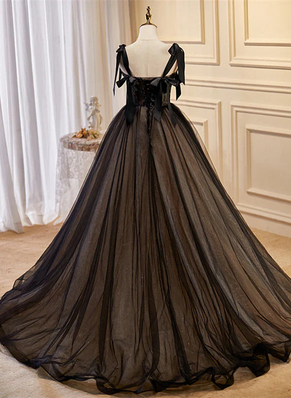 Black Straps Tulle with Lace Long Formal Dress