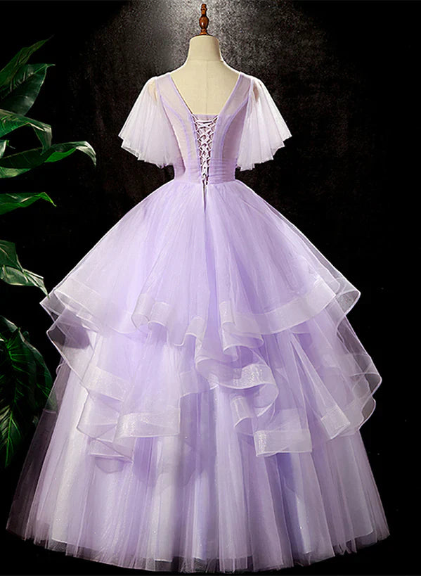 Lavender Tulle V-neckline Sweet 16 Dress with Flowers
