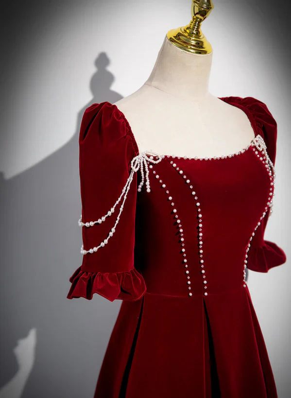 Wine Red Velvet Short Sleeves Long Prom Dress