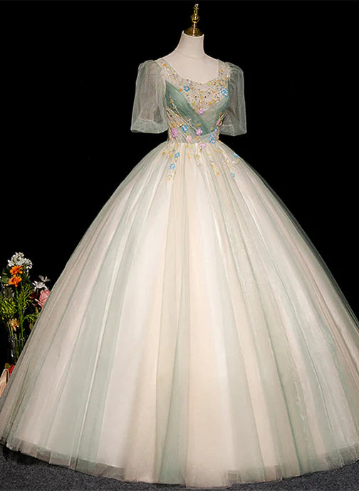 Lovely Green and Champagne Tulle Long Formal Dress