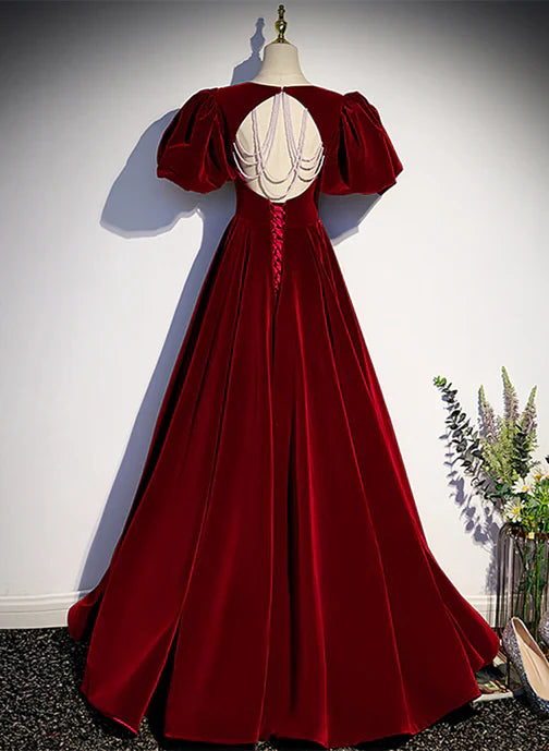 Wine Red Velvet Puffy Sleeves Long Party Prom Dress