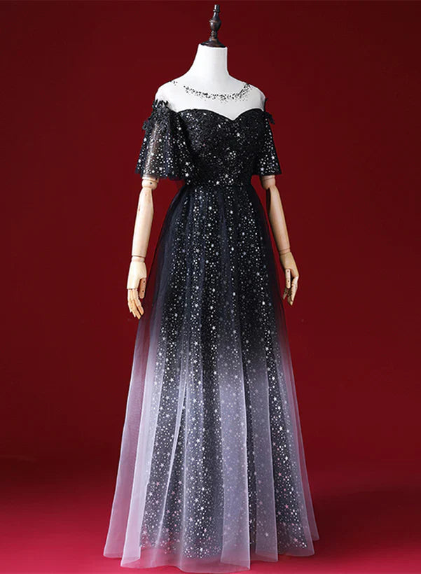 Black A-line Gradient Tulle Short Sleeves Prom Dress
