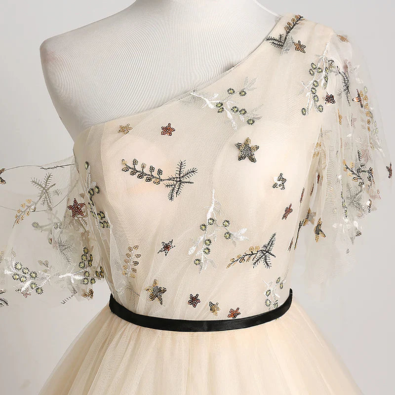 A-line Champagne One Shoulder Prom Dress