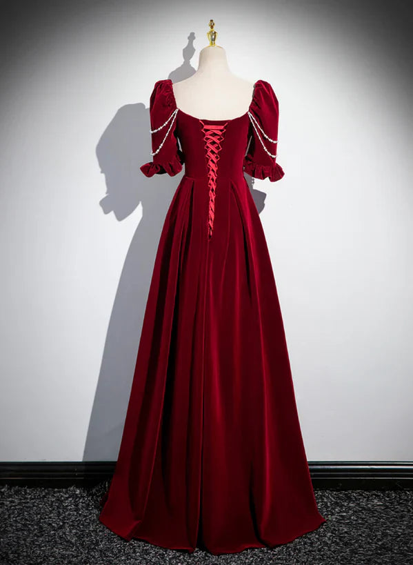 Wine Red Velvet Short Sleeves Long Prom Dress