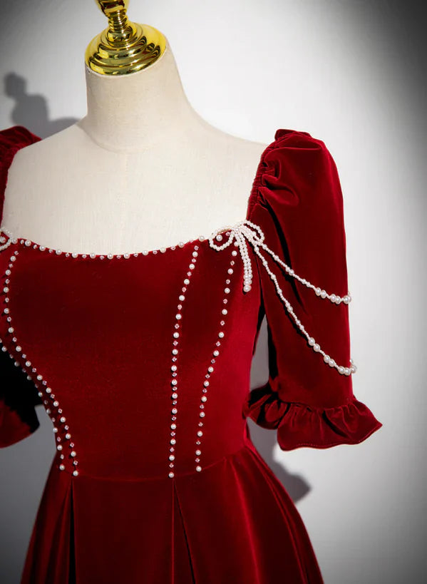 Wine Red Velvet Short Sleeves Long Prom Dress