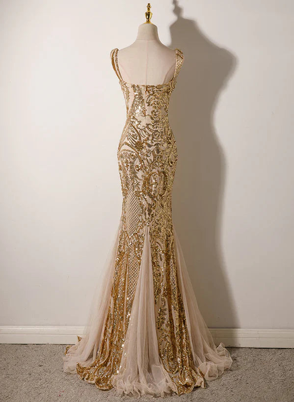 Champagne Mermaid Straps Long Evening Prom Dress
