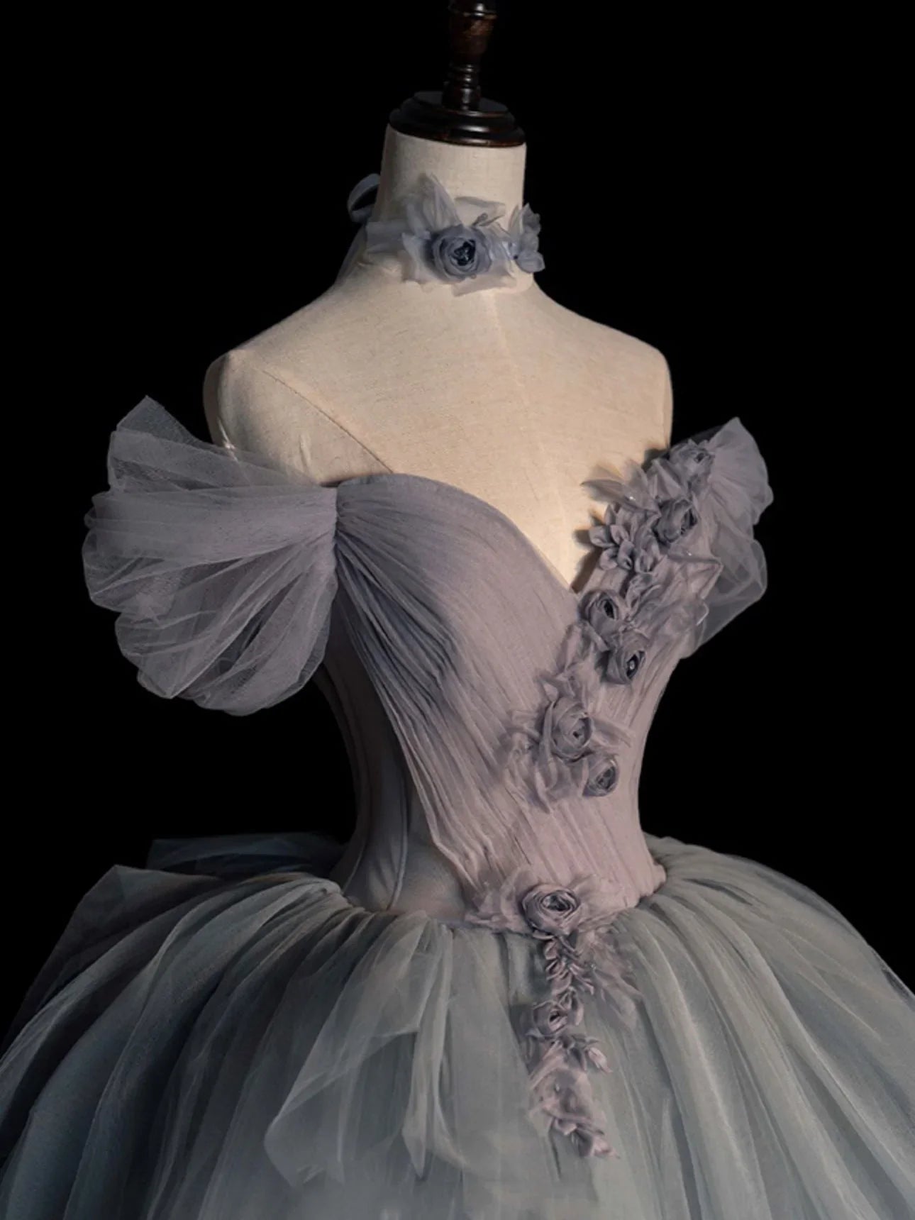 Off-the-Shoulder 3D Flowers Tulle Gray Long Prom Dress Evening Dress