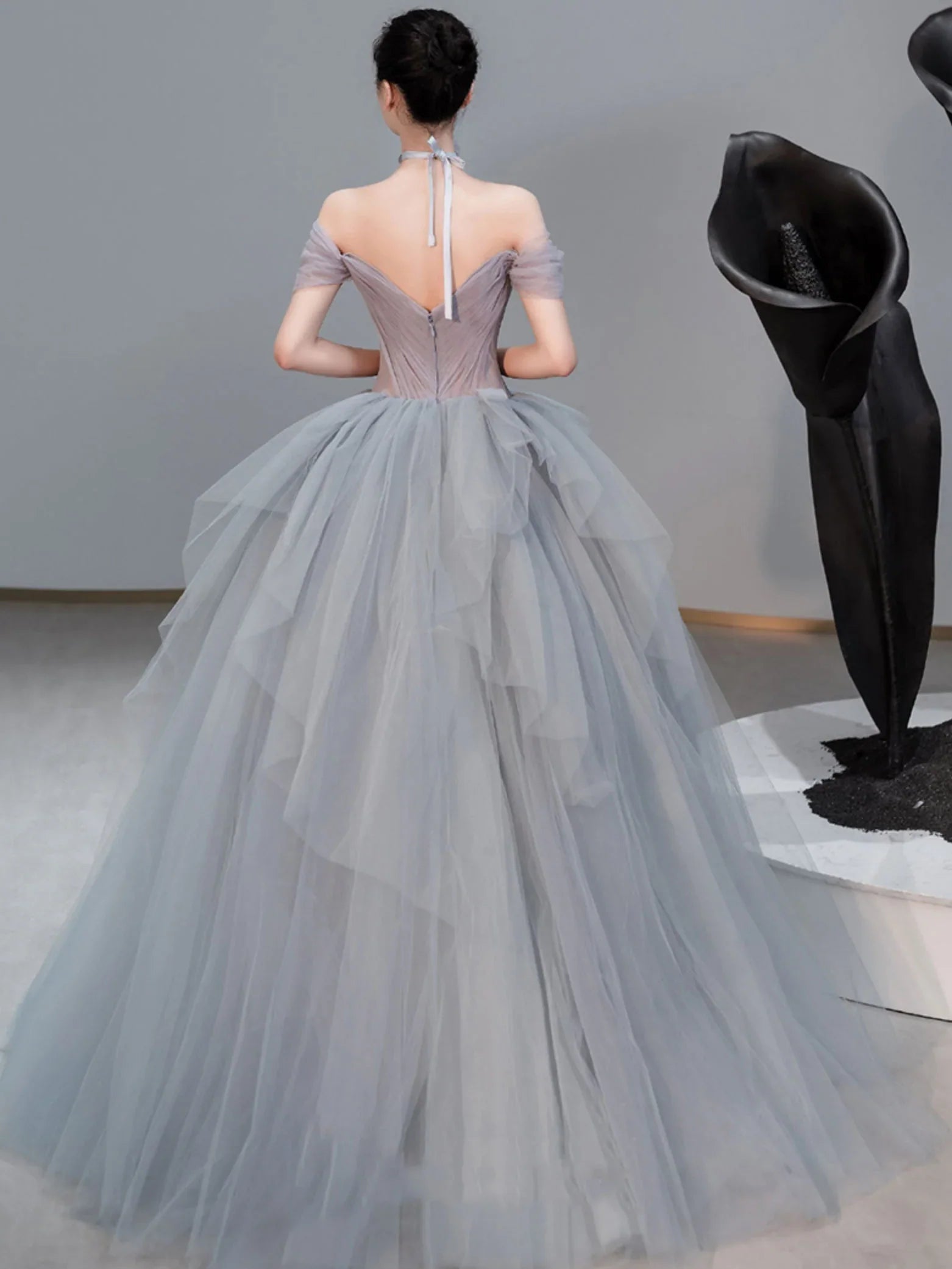 Off-the-Shoulder 3D Flowers Tulle Gray Long Prom Dress Evening Dress