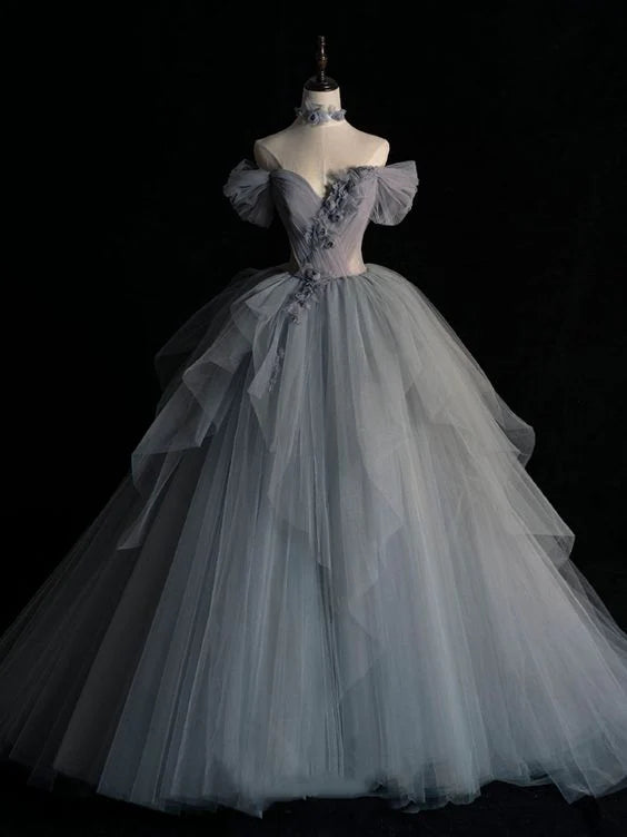 Off-the-Shoulder 3D Flowers Tulle Gray Long Prom Dress Evening Dress