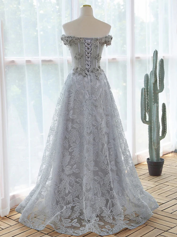 Off-the-Shoulder Applique Corset Lace Flowers Gray Prom Dress