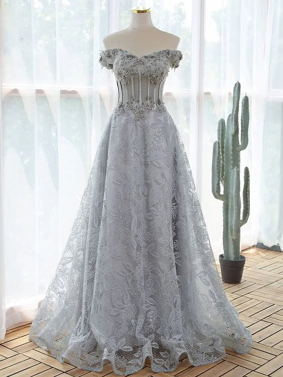 Off-the-Shoulder Applique Corset Lace Flowers Gray Prom Dress