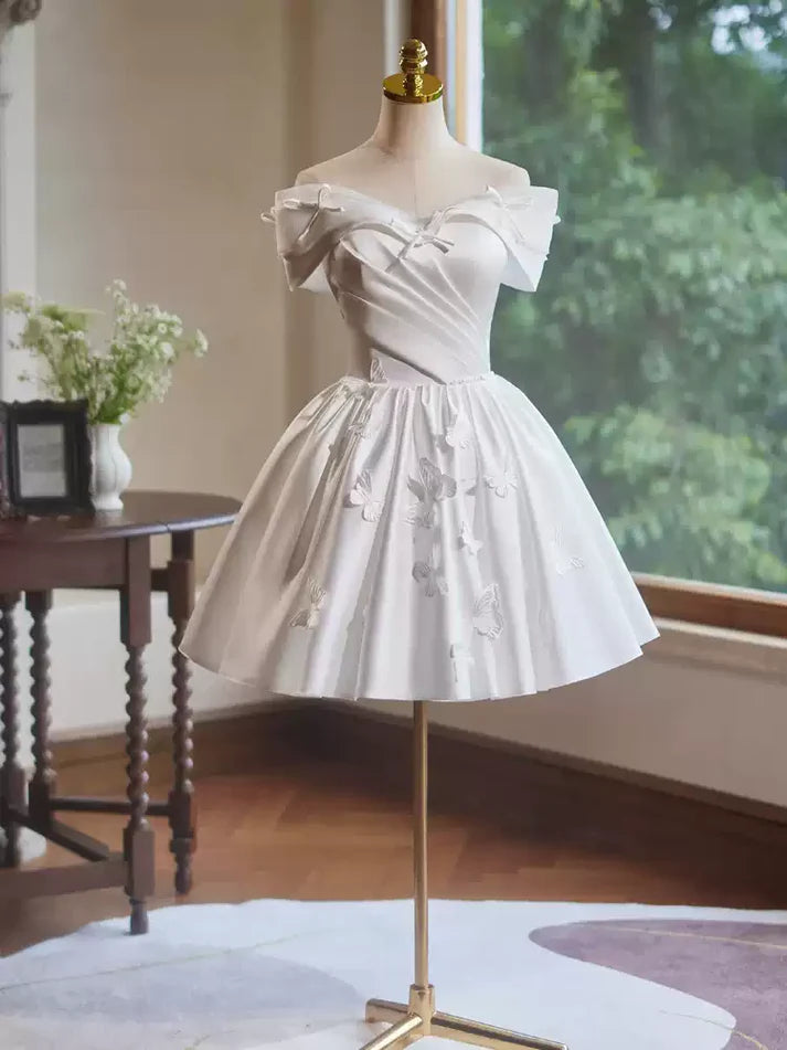 Off-the-Shoulder Applique Homecoming Dress Satin White Short Party Dress