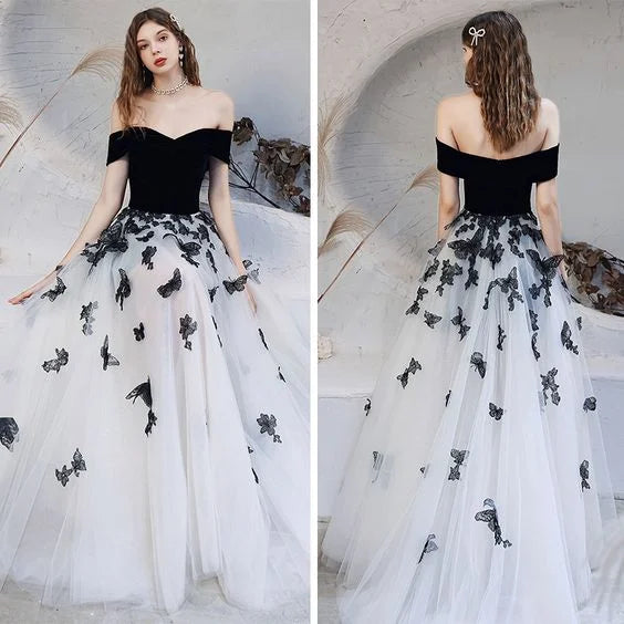 Off-the-Shoulder Butterfly Applique Tulle White Black Long Prom Dress