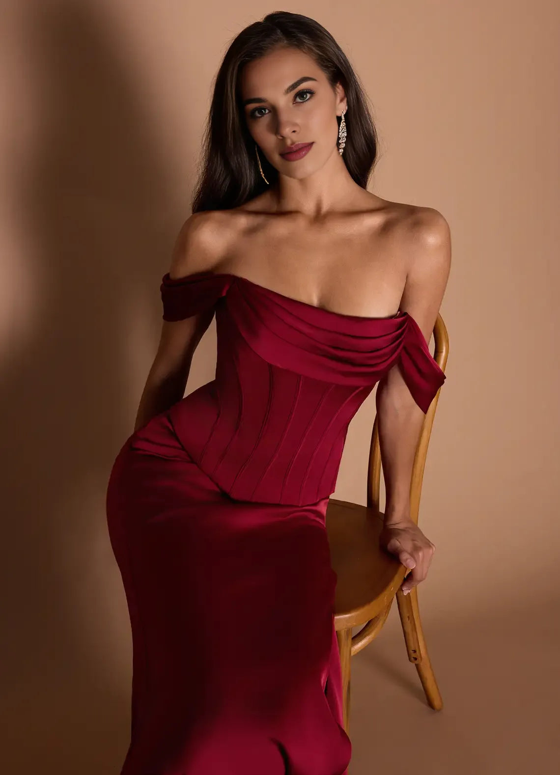 Off-the-Shoulder Corset Pleated Slit Satin Ruby Red Maxi Evening Dress