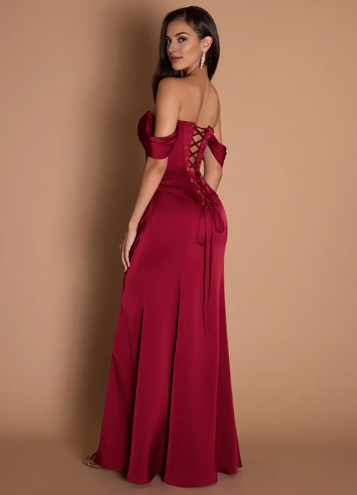 Off-the-Shoulder Corset Pleated Slit Satin Ruby Red Maxi Evening Dress