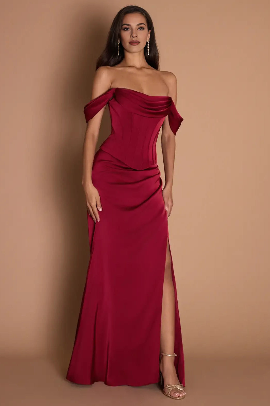 Off-the-Shoulder Corset Pleated Slit Satin Ruby Red Maxi Evening Dress