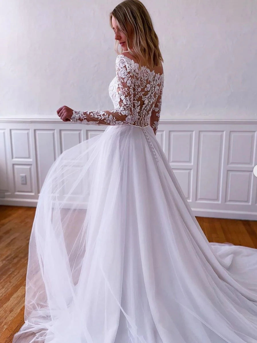 Off-the-Shoulder Long Sleeves Lace Tulle White Long Prom Dress Evening Dress