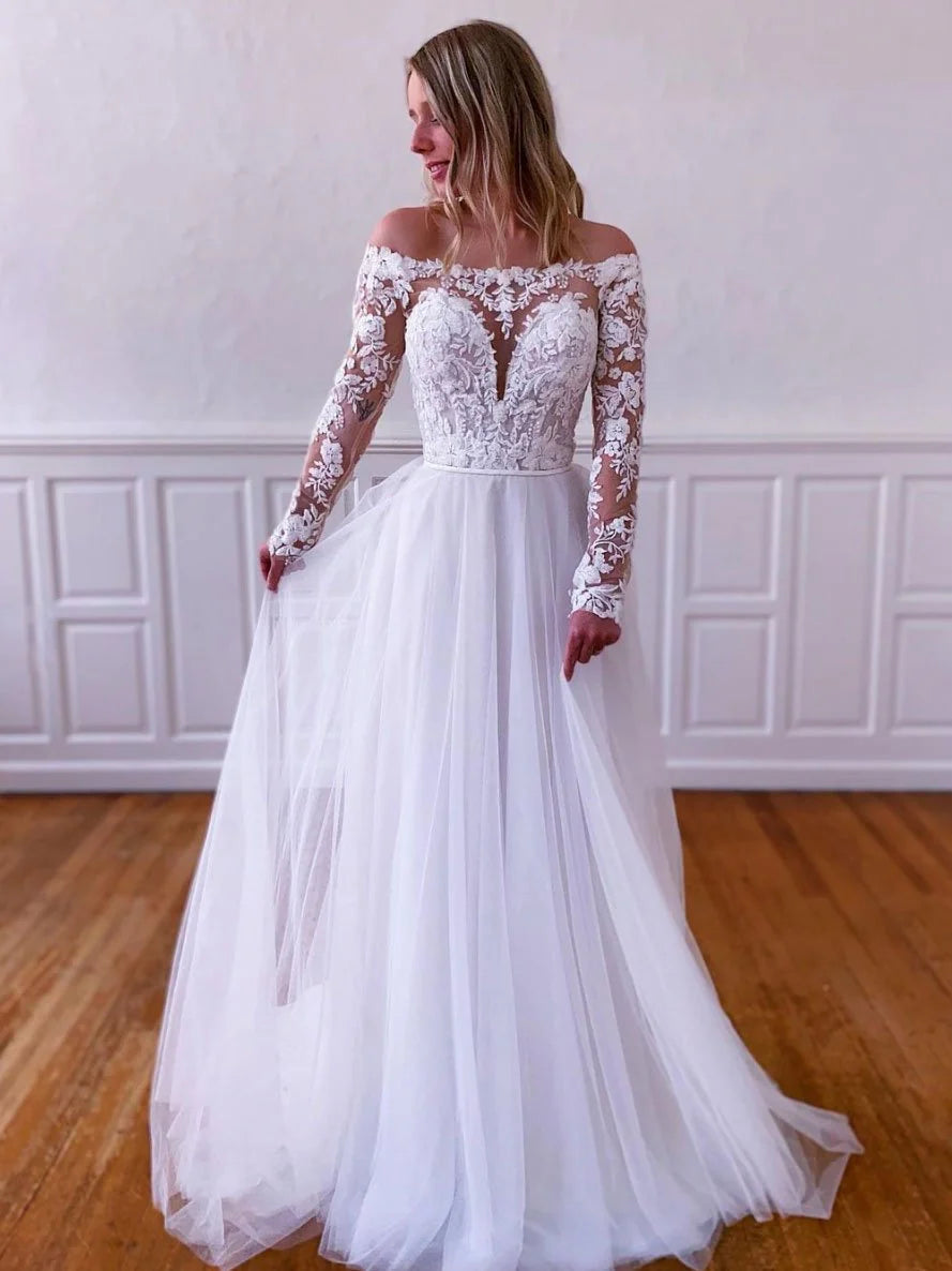 Off-the-Shoulder Long Sleeves Lace Tulle White Long Prom Dress Evening Dress