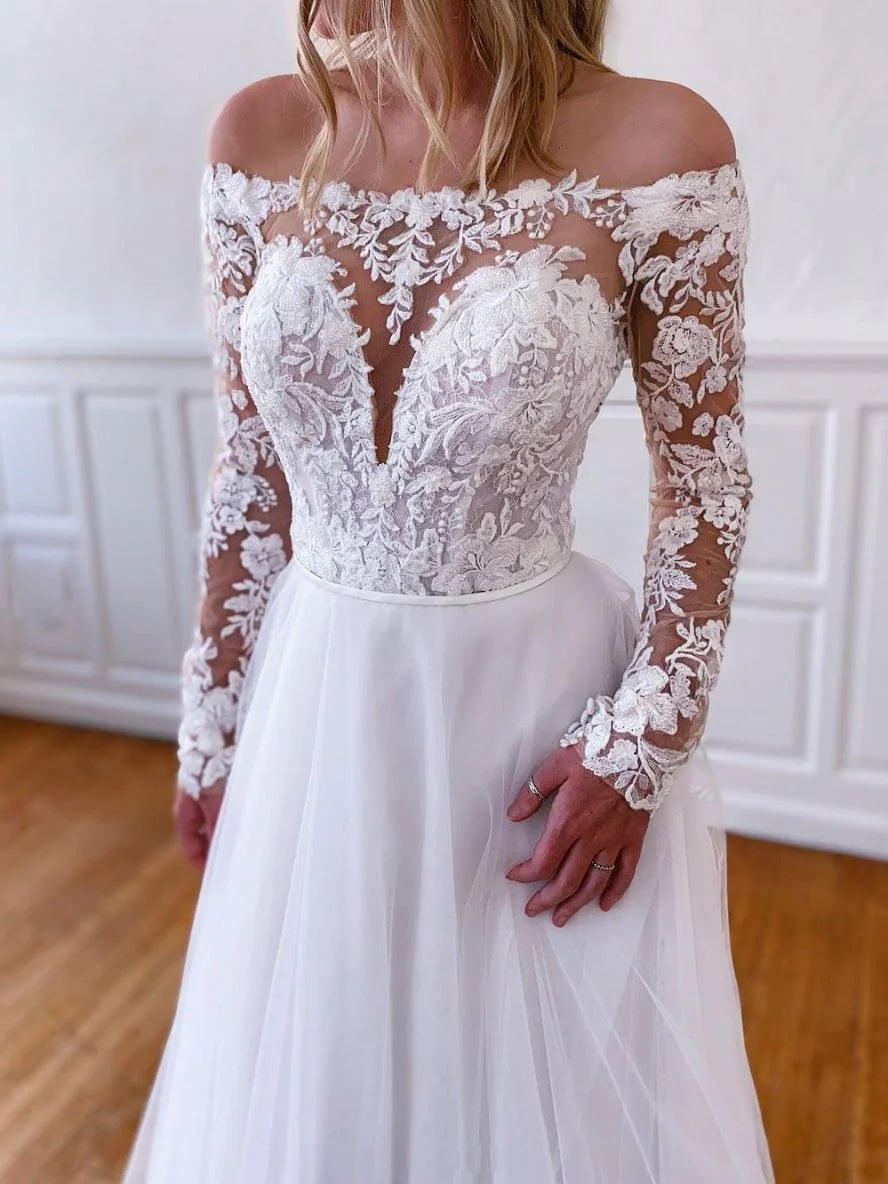 Off-the-Shoulder Long Sleeves Lace Tulle White Long Prom Dress Evening Dress