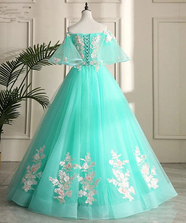 Off-the-Shoulder Short Sleeves Flowers Tulle Mint Green Formal Prom Dress