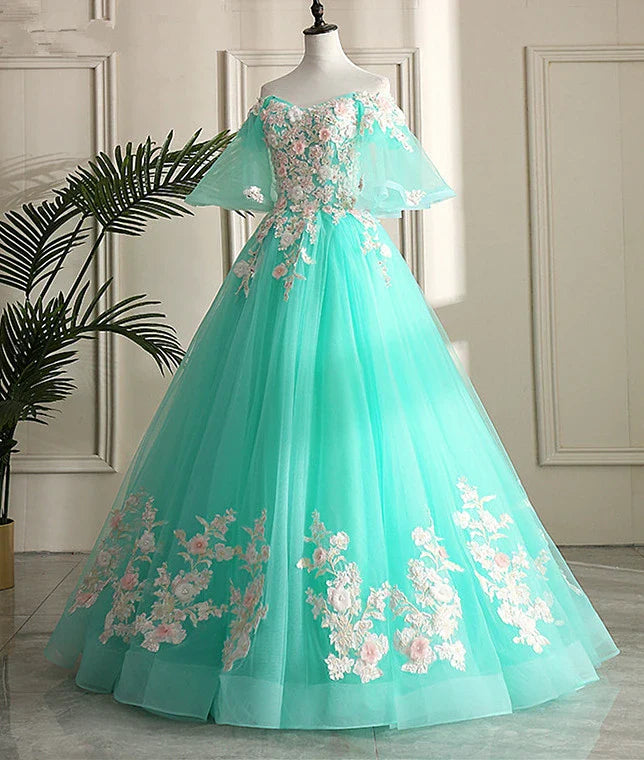 Off-the-Shoulder Short Sleeves Flowers Tulle Mint Green Formal Prom Dress