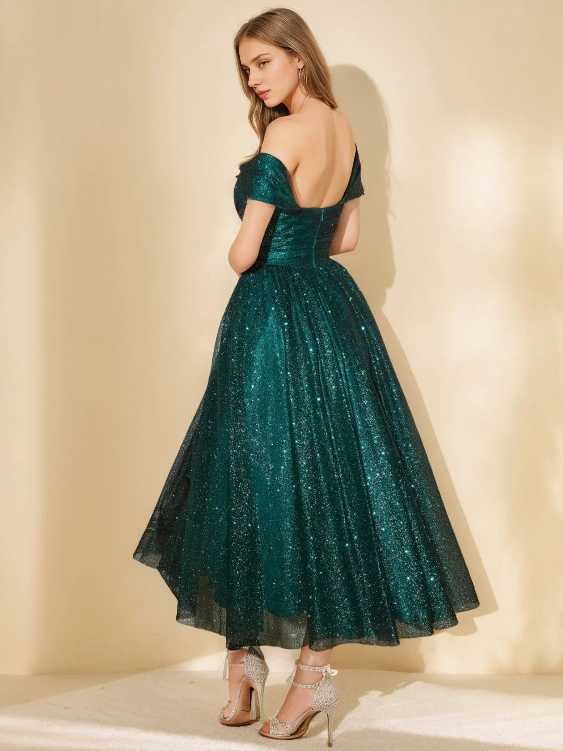 Formal Women's Dresses A-Line/Princess Sweetheart Off-the-Shoulder Sleeveless Tea-length Prom Cocktail Dresses with Sequins Prom Dresses Stores