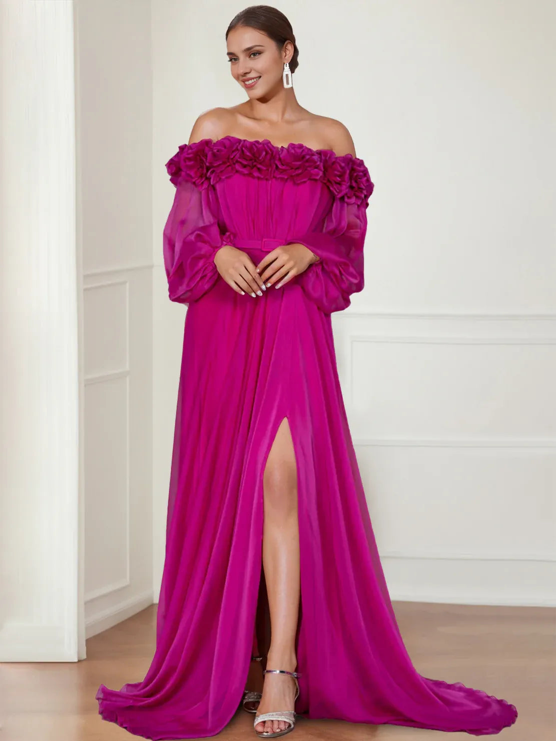 Formal Women's Dresses A-Line/Princess Off-the-shoulder Long Sleeves Prom Evening Dresses with Split Side & Flower Prom Dresses Stores