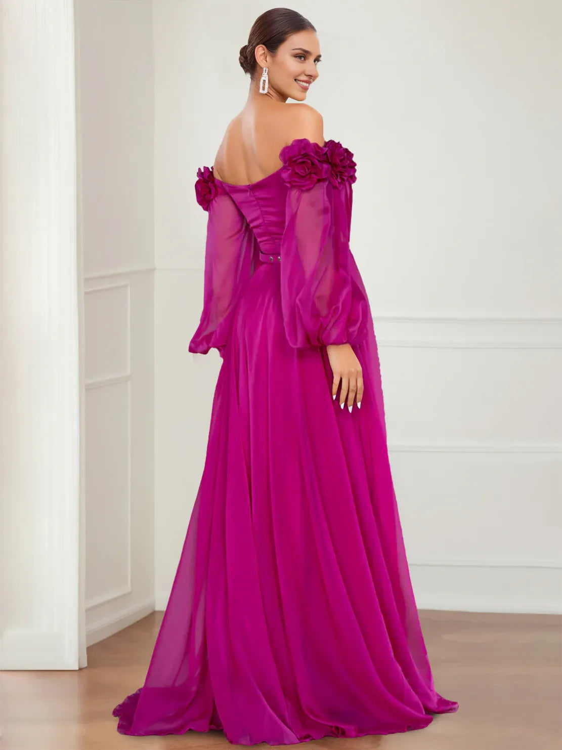 Formal Women's Dresses A-Line/Princess Off-the-shoulder Long Sleeves Prom Evening Dresses with Split Side & Flower Prom Dresses Stores