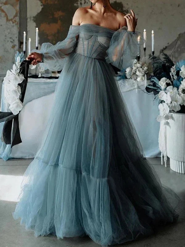Formal Women's Dresses A-Line/Princess Off-the-shoulder Sweetheart Floor Length Tulle Prom Dresses Prom Dresses Stores