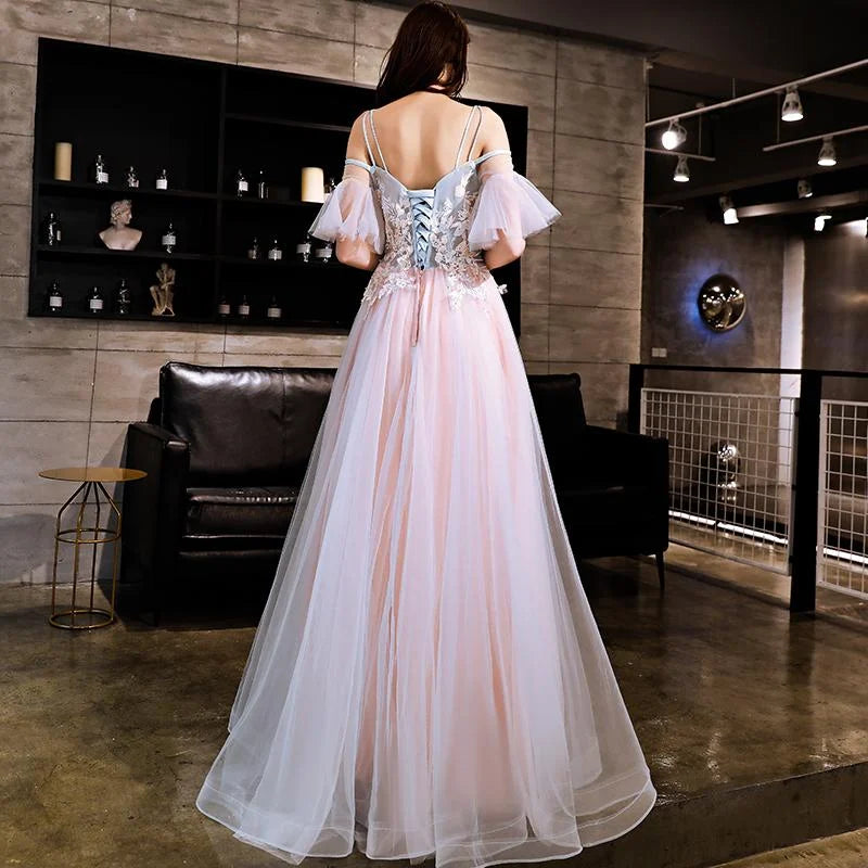 Off Shoulder Applique Tulle Blue Pink Floor Length Prom Dress Party Dress