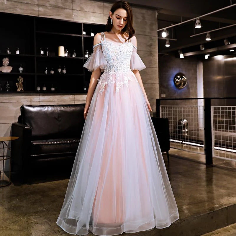 Off Shoulder Applique Tulle Blue Pink Floor Length Prom Dress Party Dress