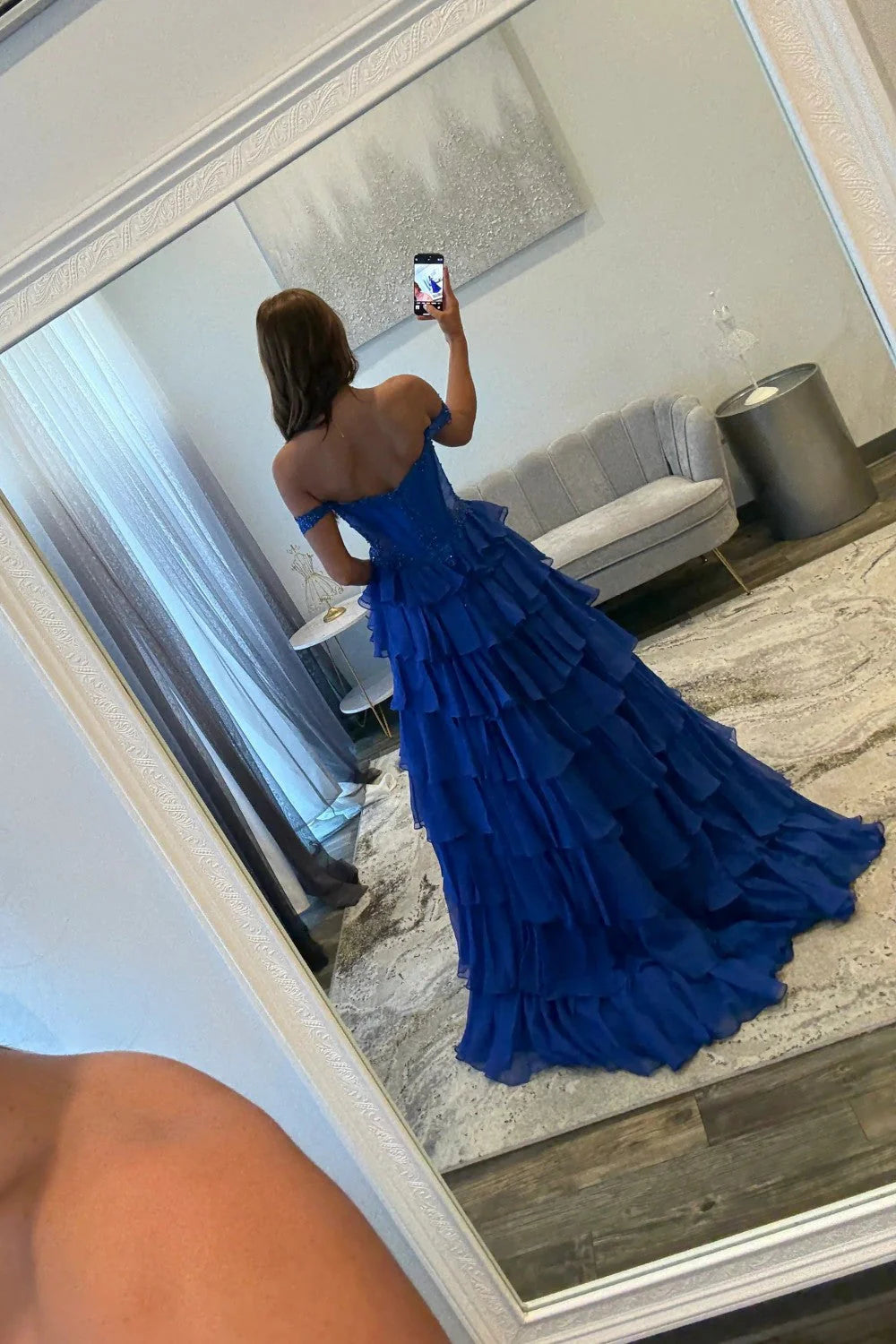 Off Shoulder Beaded Layered Ruffle Slit Royal Blue Floor Length Prom Dress