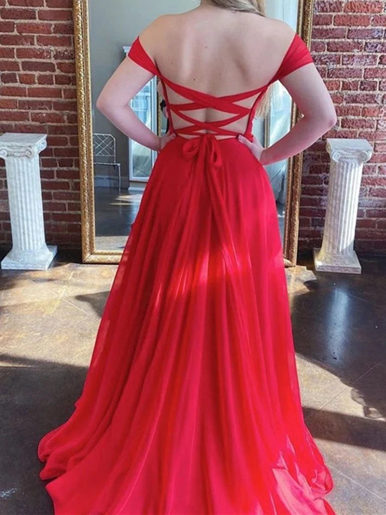 Off Shoulder Cross Straps Back Red Long Prom Dress With High Slit