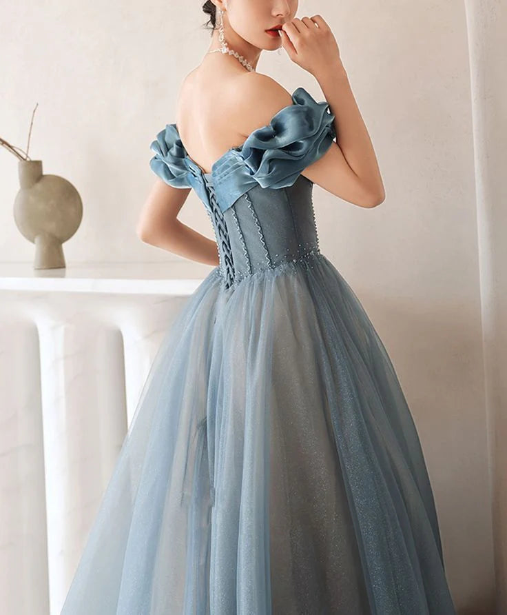 Off Shoulder Pleated Corset Tulle Blue Long Prom Dress With Beaded