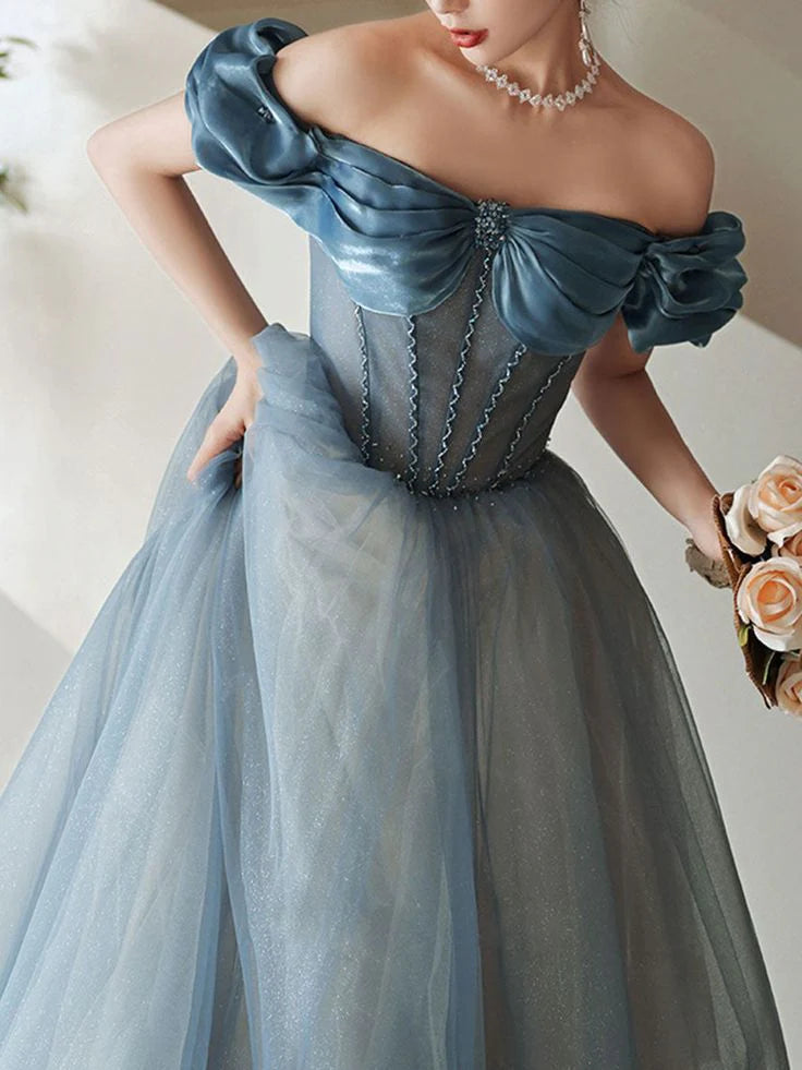 Off Shoulder Pleated Corset Tulle Blue Long Prom Dress With Beaded