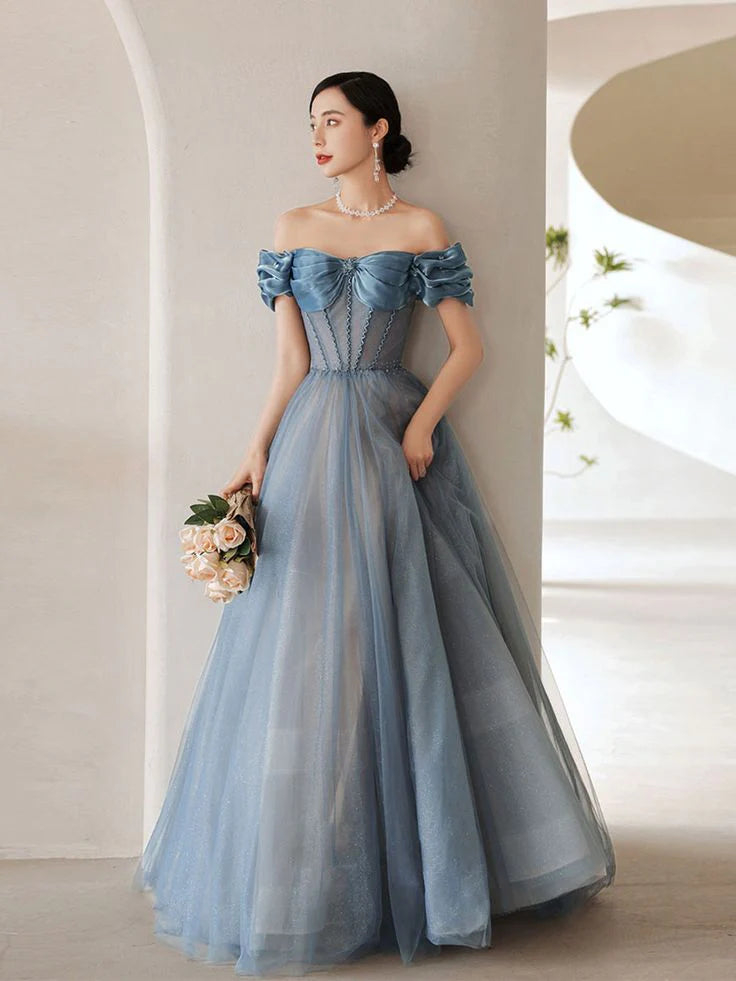 Off Shoulder Pleated Corset Tulle Blue Long Prom Dress With Beaded