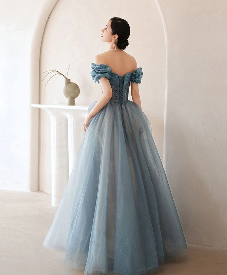 Off Shoulder Pleated Corset Tulle Blue Long Prom Dress With Beaded