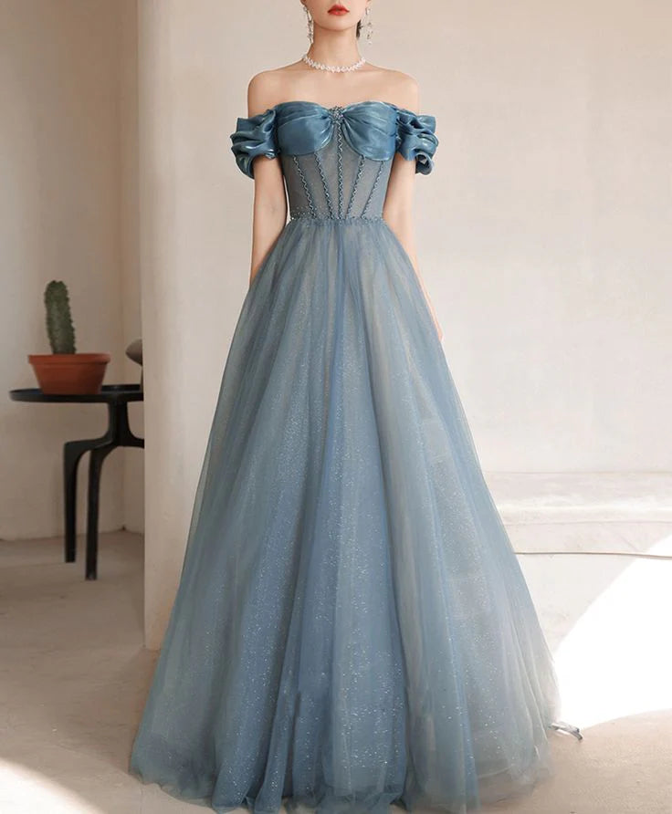 Off Shoulder Pleated Corset Tulle Blue Long Prom Dress With Beaded
