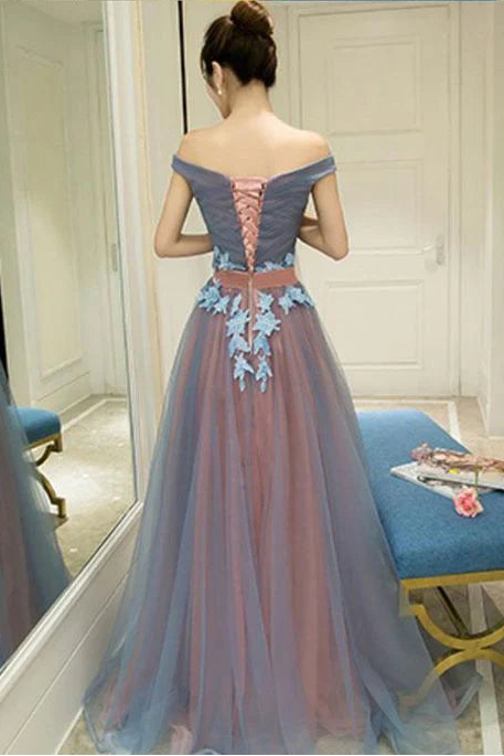 Off Shoulder Tulle Gray Blue Long Prom Dress Evening Dress With Applique