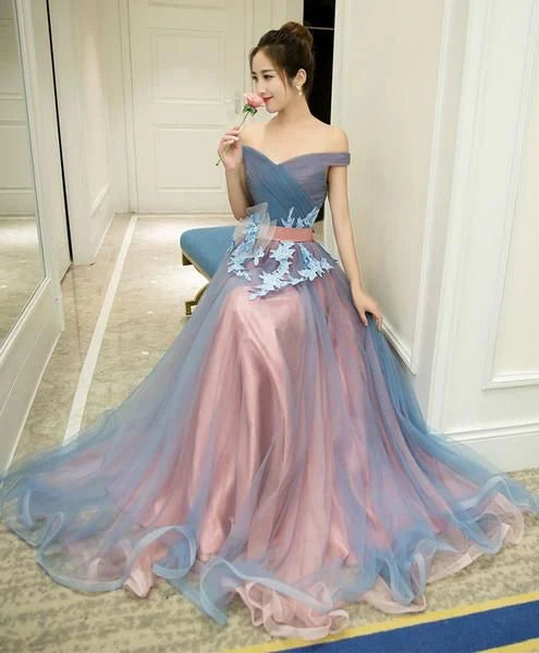 Off Shoulder Tulle Gray Blue Long Prom Dress Evening Dress With Applique