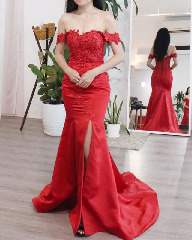 Off The Shoulder Slit Mermaid Satin Bridesmaid Prom Dresses With Train