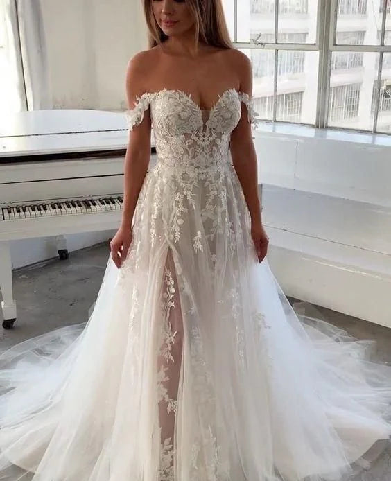 Off The Shoulder Applique Slit Lace White Prom Dress With Sweep Train