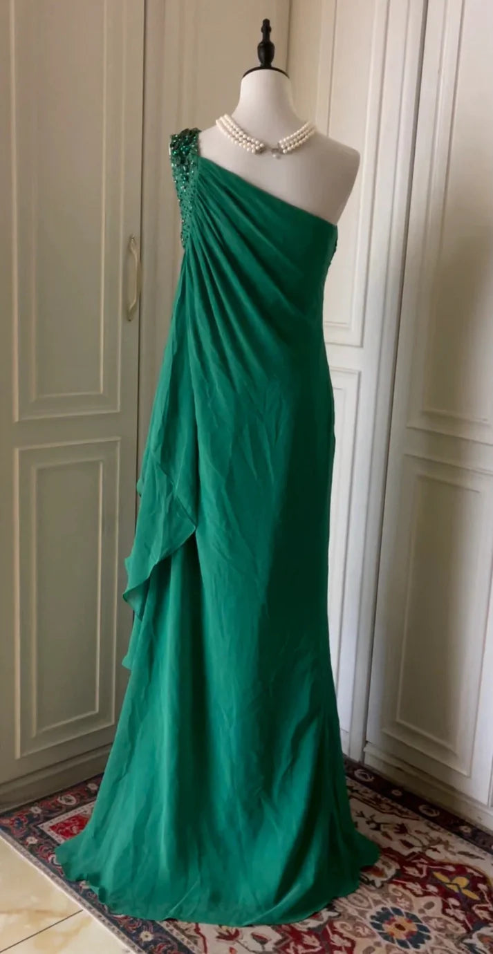 One Shoulder Beaded Ruffle Chiffon Green Long Party Dress For Women