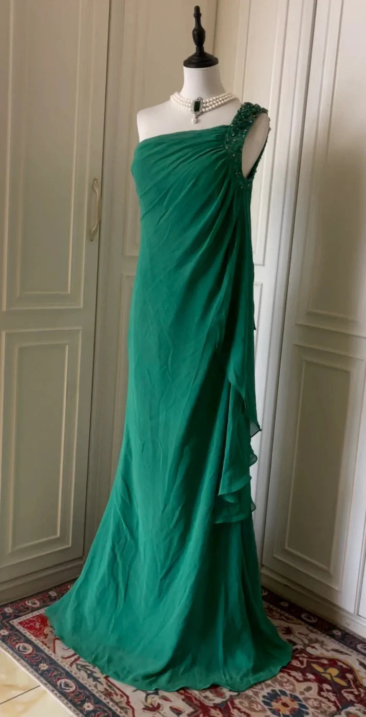 One Shoulder Beaded Ruffle Chiffon Green Long Party Dress For Women