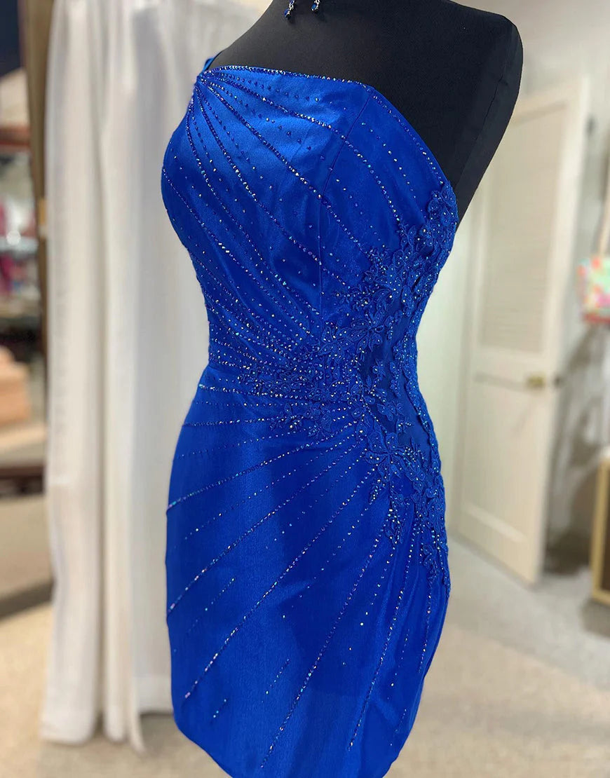 One Shoulder Beaded Tight Royal Blue Homecoming Dress With Applique