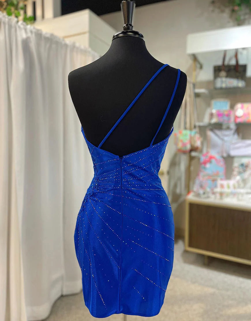 One Shoulder Beaded Tight Royal Blue Homecoming Dress With Applique