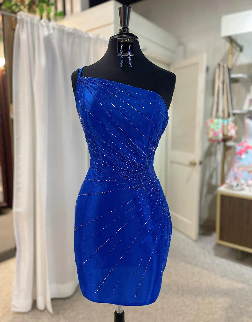 One Shoulder Beaded Tight Royal Blue Homecoming Dress With Applique