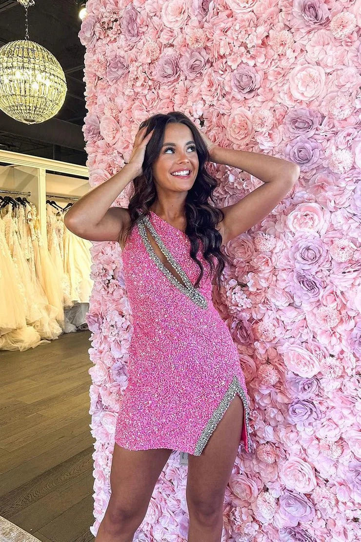 One Shoulder Cutout Beaded Sequin Black Short Homecoming Dress With Slit