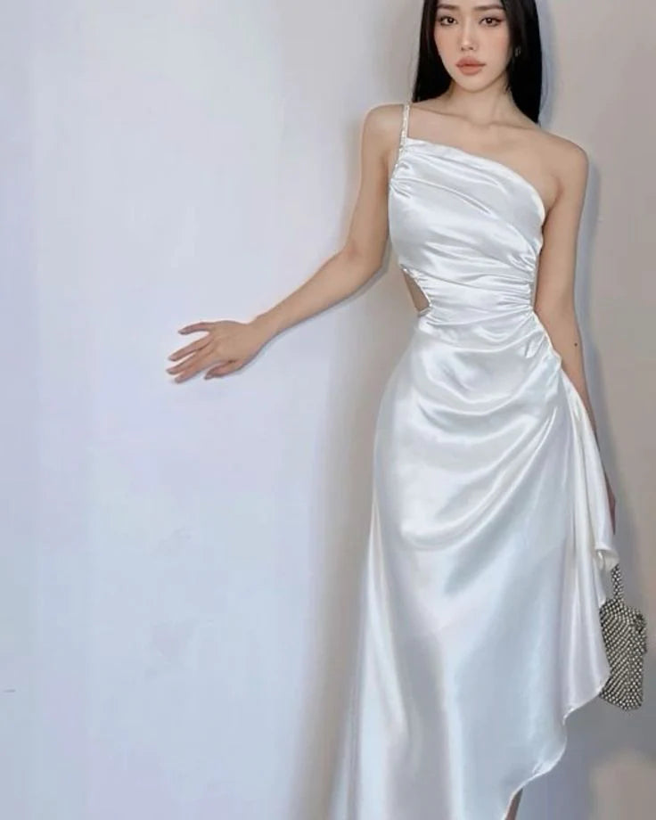 One Shoulder Cutout Satin White Party Dress Prom Dress With Asymmetrical Hem