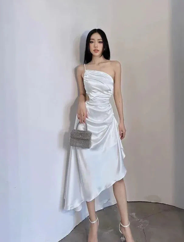 One Shoulder Cutout Satin White Party Dress Prom Dress With Asymmetrical Hem